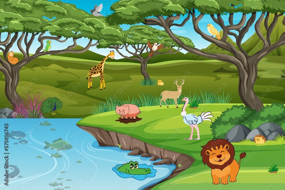Obraz premium jungle illustration with lots of animals and plants 