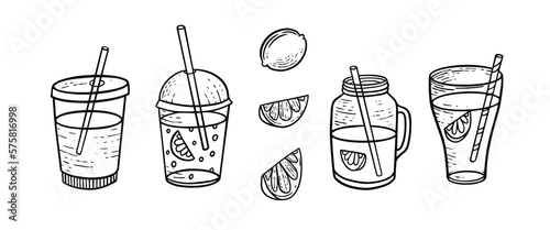 Drinks and cocktails set hand drawn black and white color engraving retro style.