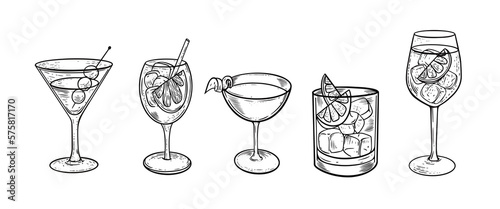 Cocktails set monochrome color engraving style vector illustration.