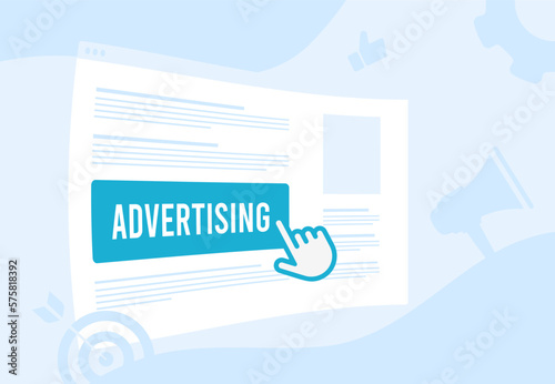 Targeted advertising and pay-per-click effectiveness programmatic ad concept. Cursor clicks on banner ad block in search engine or website, cursor highlights advertising