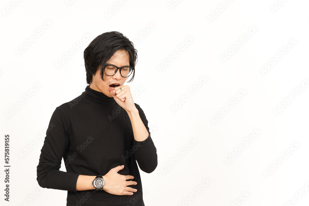 Suffering Cough Gesture Of Handsome Asian Man Isolated On White Background Suffering Cough Gesture Of Handsome Asian Man Isolated On White Background