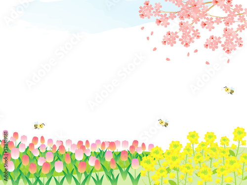 満開の春の花が綺麗なフレーム背景イラスト