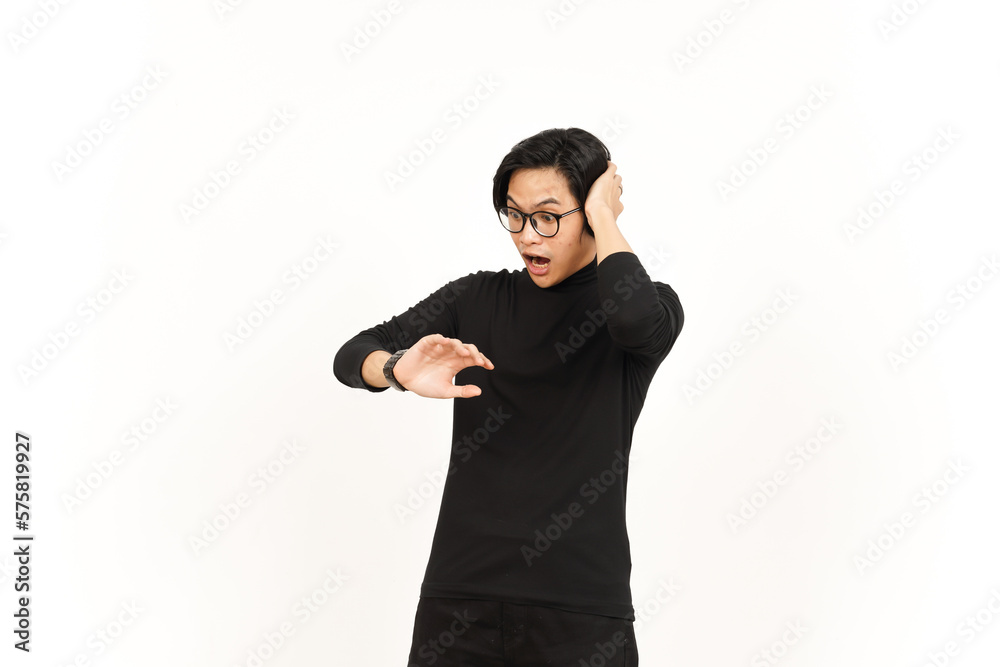 Looking for watch and shocked for late Of Handsome Asian Man Isolated On White Background Looking for watch and shocked for late Of Handsome Asian Man Isolated On White Background