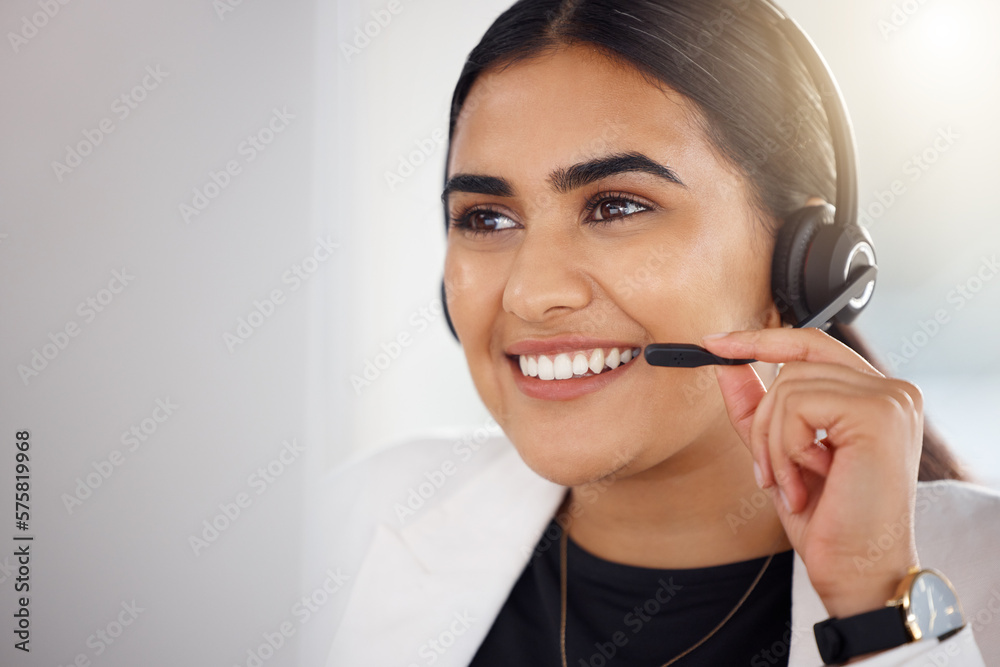 Happy woman, call center and face with headset mic consulting in telemarketing, customer service or support at office. Friendly female consultant or agent with smile by computer in contact us sales Happy woman, call center and face with headset mic consulting in telemarketing, customer service or support at office. Friendly female consultant or agent with smile by computer in contact us sales