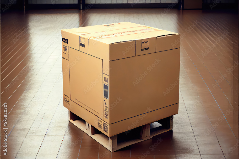 Cardboard box on the wooden pallet for exporting in the factory warehouse floor background. Innovative warehouse technology and Transporting industrial concept. Generative AI Cardboard box on the wooden pallet for exporting in the factory warehouse floor background. Innovative warehouse technology and Transporting industrial concept. Generative AI