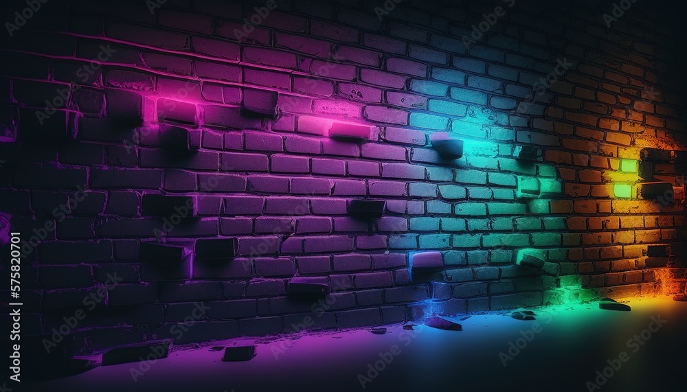 Futuristic neon lights on grunge brick wall, blending retro and modern vibes Futuristic neon lights on grunge brick wall, blending retro and modern vibes