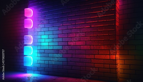 Futuristic neon lights on grunge brick wall, blending retro and modern vibes