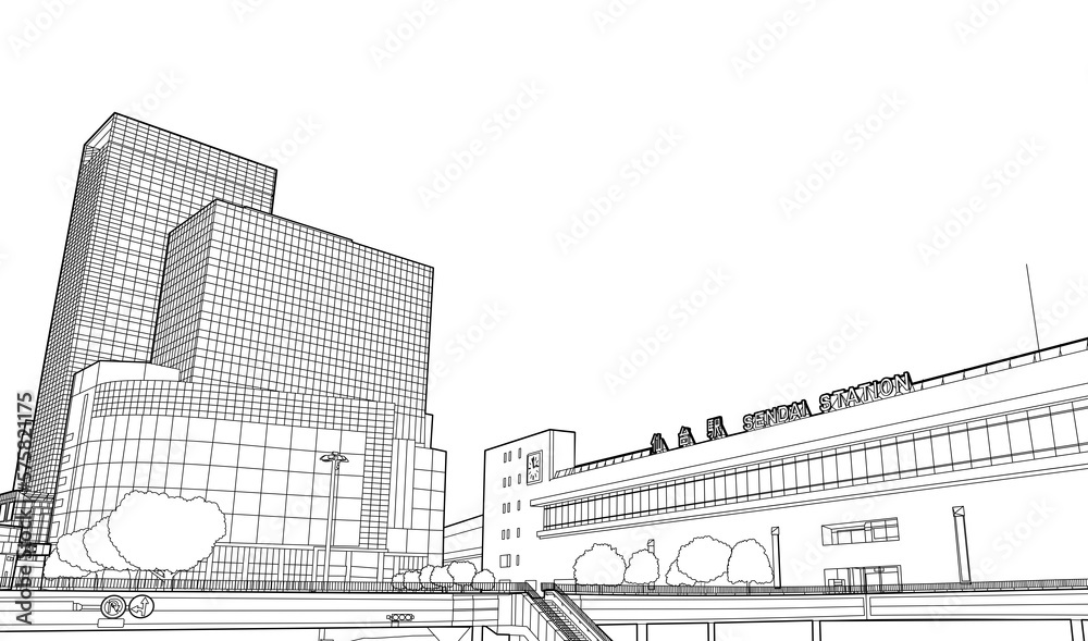 仙台駅のイラスト。透明な背景。