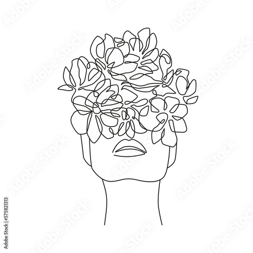 Woman Face with Flowers One Line Drawing. Female Portrait Minimalist Style. Botanical Print. Nature Trendy Symbol for Cosmetics. Continuous Line Art. Fashion Minimal Print. Beauty Logo. 