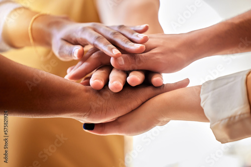 Hands, group and people stack for support, solidarity and teamwork of success, agreement partnership and trust. Hand, pile and cooperation of collaboration, unity and community motivation of about us
