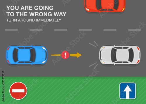 Safe driving tips and traffic regulation rules. "One way" and "No entry" sign. You are going to the wrong way, turn around immediately. Top view of a traffic flow. Flat vector illustration template.