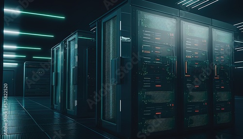 Futuristic server room with racks and equipment, showcasing advanced technology.