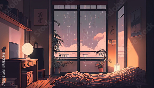 Bedroom lofi style raining outside at day. Very chill and cozy home. Cute manga anime drawing. Beautiful atmospheric light. Chill relaxing photo