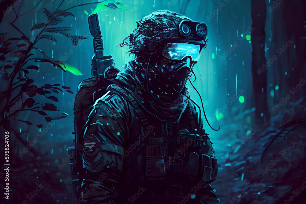 Fototapeta premium Special ops at night in the forest, generative art