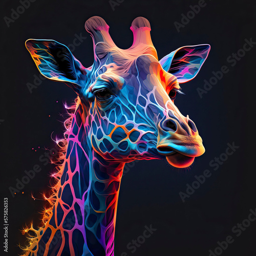 Giraffe in neon colors. Generative AI.