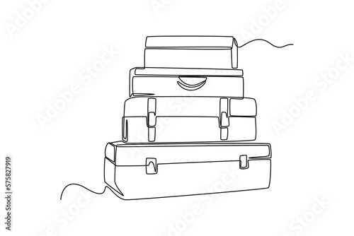 Continuous one line drawing stack of suitcases. Travel experience concept. Single line draw design vector graphic illustration.