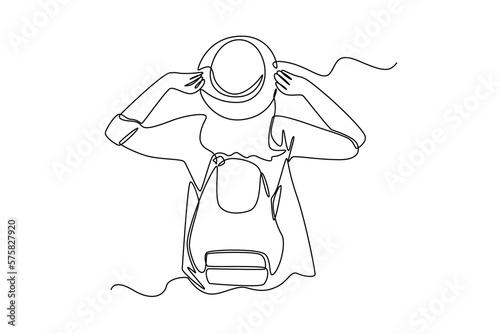 Continuous one line drawing happy woman traveling in full costume. Travel experience concept. Single line draw design vector graphic illustration.