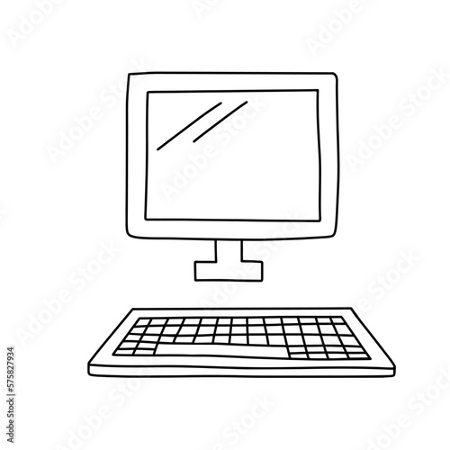 Hand draw doodle vintage computer. Vector line illustration isolated on white