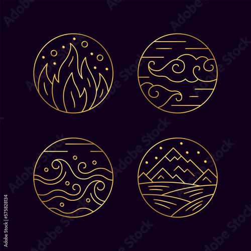 Four elements of nature thin line symbols set. Water, fire, earth, air golden signs vector illustration on dark blue background