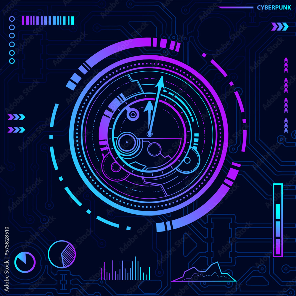 Digital screen clock cyberpunk technology design with dark background. Abstract vector illustration.