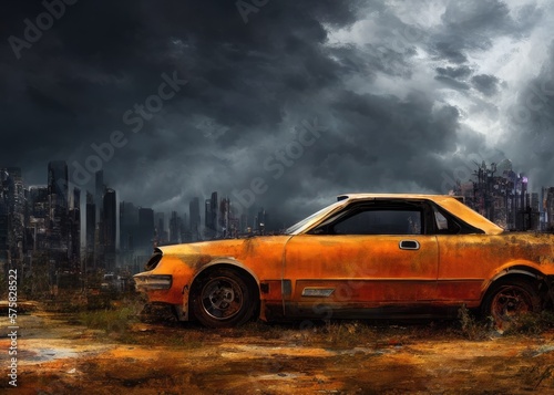 An old car in a post-apocalypse world. Generated by AI © vavfoto