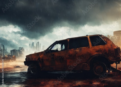 An old car in a post-apocalypse world. Generated by AI