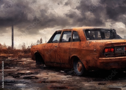 An old car in a post-apocalypse world. Generated by AI © vavfoto