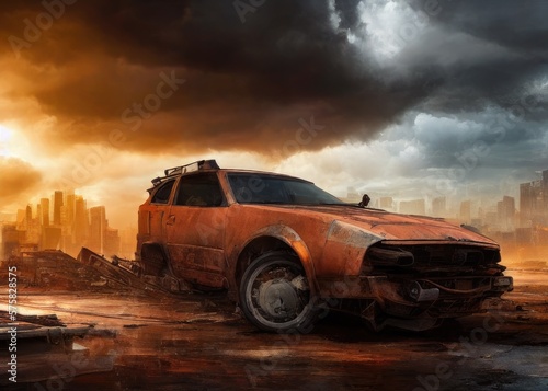 An old car in a post-apocalypse world. Generated by AI