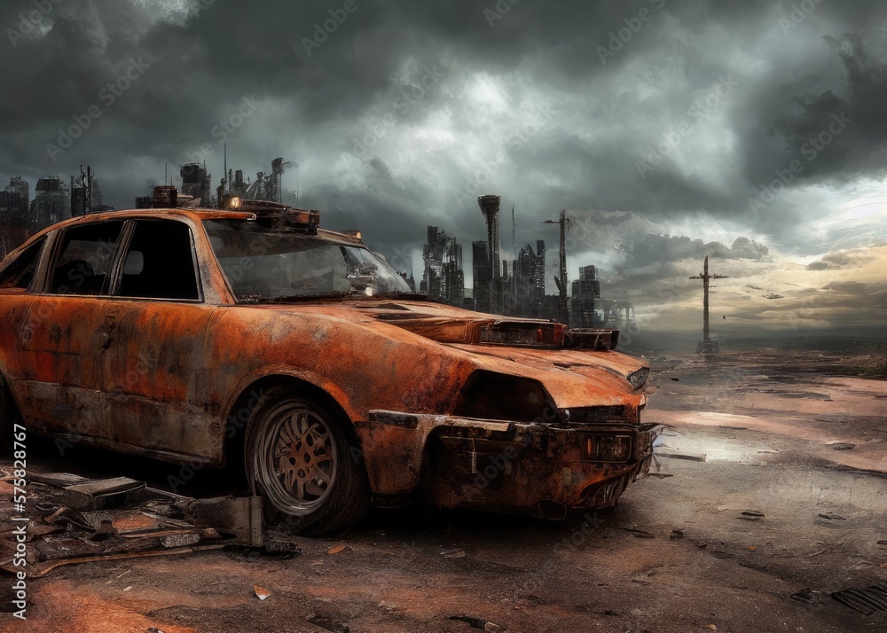 An old car in a post-apocalypse world. Generated by AI An old car in a post-apocalypse world. Generated by AI