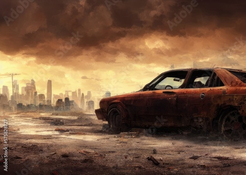 An old car in a post-apocalypse world. Generated by AI