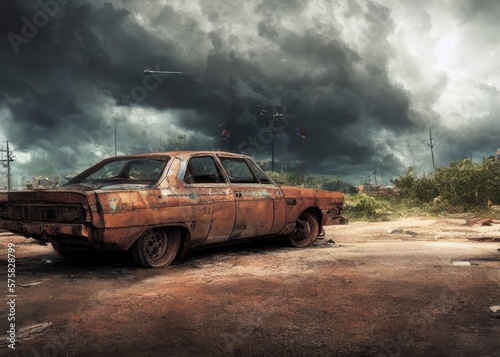 An old car in a post-apocalypse world. Generated by AI © vavfoto