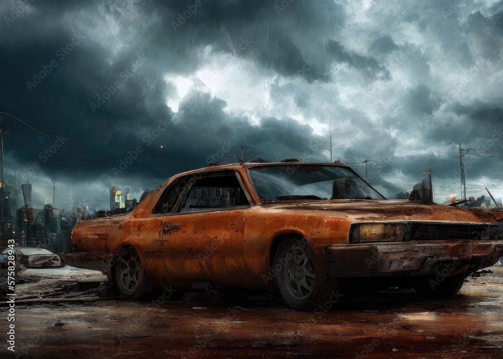 An old car in a post-apocalypse world. Generated by AI