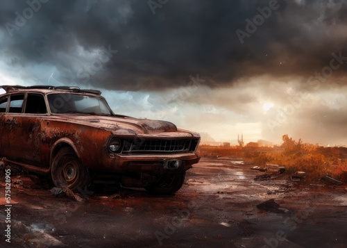 An old car in a post-apocalypse world. Generated by AI