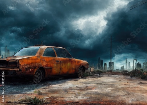 An old car in a post-apocalypse world. Generated by AI © vavfoto