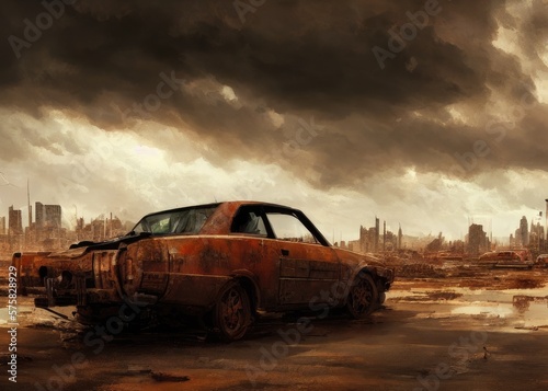 An old car in a post-apocalypse world. Generated by AI