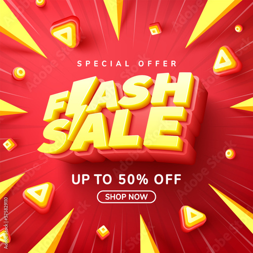 Vector of Flash Sale Shopping day Poster or banner with 3D text on red background.Flash Sales banner template design for social media and website.Special Offer Flash Sale campaign or promotion.