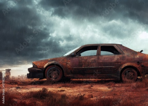 An old car in a post-apocalypse world. Generated by AI