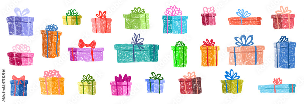 Children's drawing. Set of gifts in blue. green, pink, orange, yellow, purple color Children's drawing. Set of gifts in blue. green, pink, orange, yellow, purple color