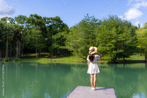 Woman enjoy the lake scenery view