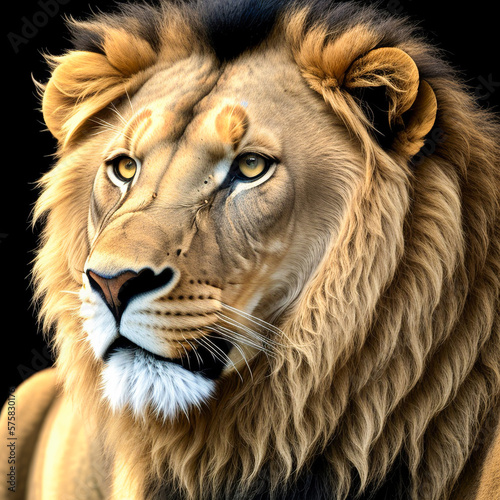 Portrait of lion on black background. Menacing stare African lion. Portrait African lion on black background. Wild cats background. Generative AI
