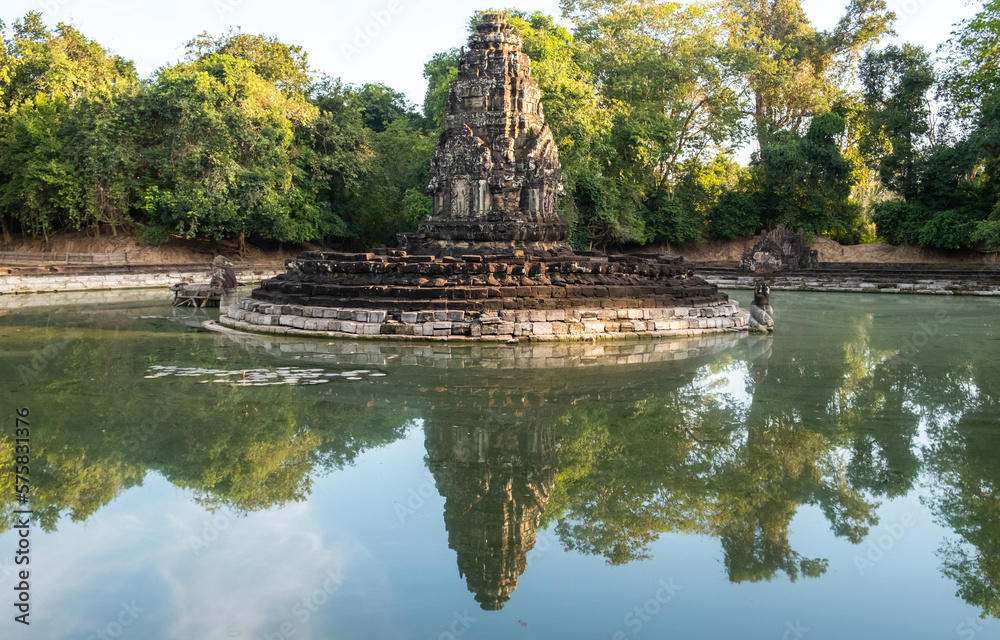 Beautiful reflection of Neak Pean temple with holy pond in ancient Khmer civilization in Siem Reap, Cambodia.