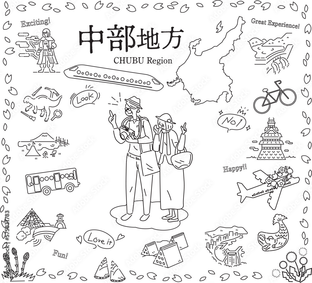 Obraz premium 日本の中部地方の春の名物観光を楽しむシニア夫婦、アイコンのセット(線画白黒)