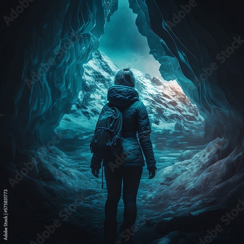 A Woman Explorer Wearing a Coat and Backpack Emerging From an Ice Cave Generative AI