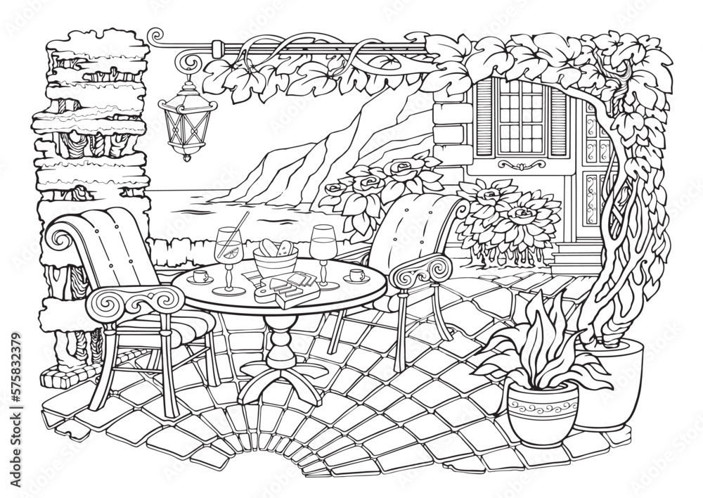 Romantic old town. Coloring Pages. Cozy yard, table, chairs. Vector.