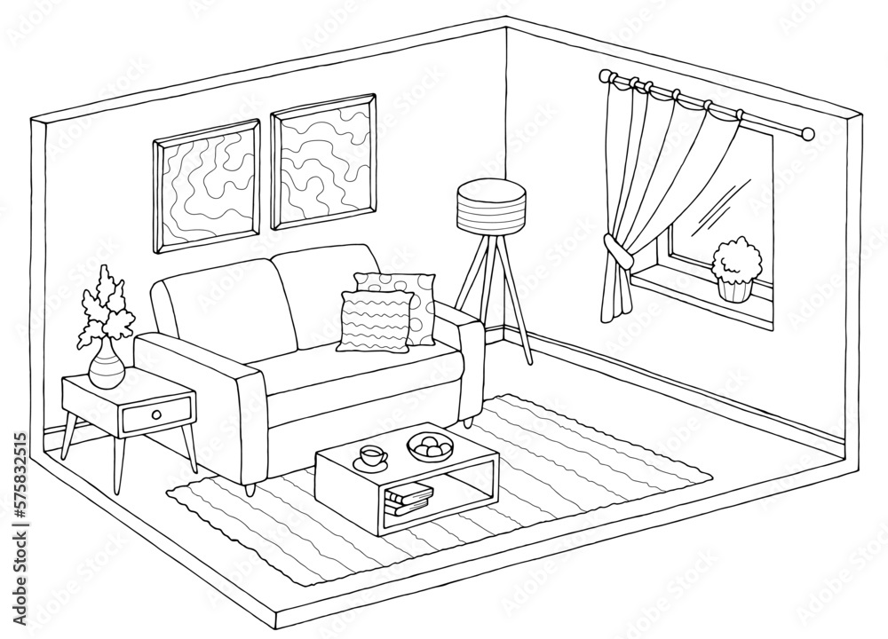 Living room graphic black white interior sketch illustration vector 