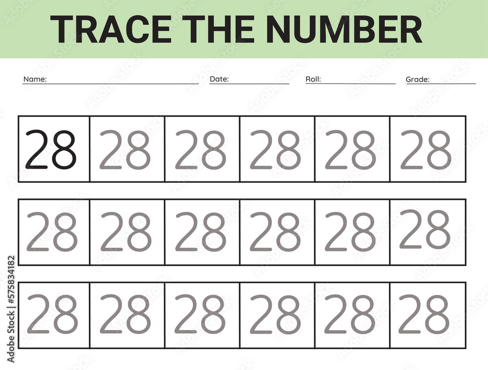 Number 28. card for kids learning to count and to write, worksheet for ...