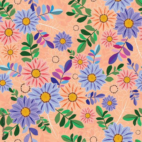 Raster illustration. Gazania flowers on peach background seamless repeat pattern