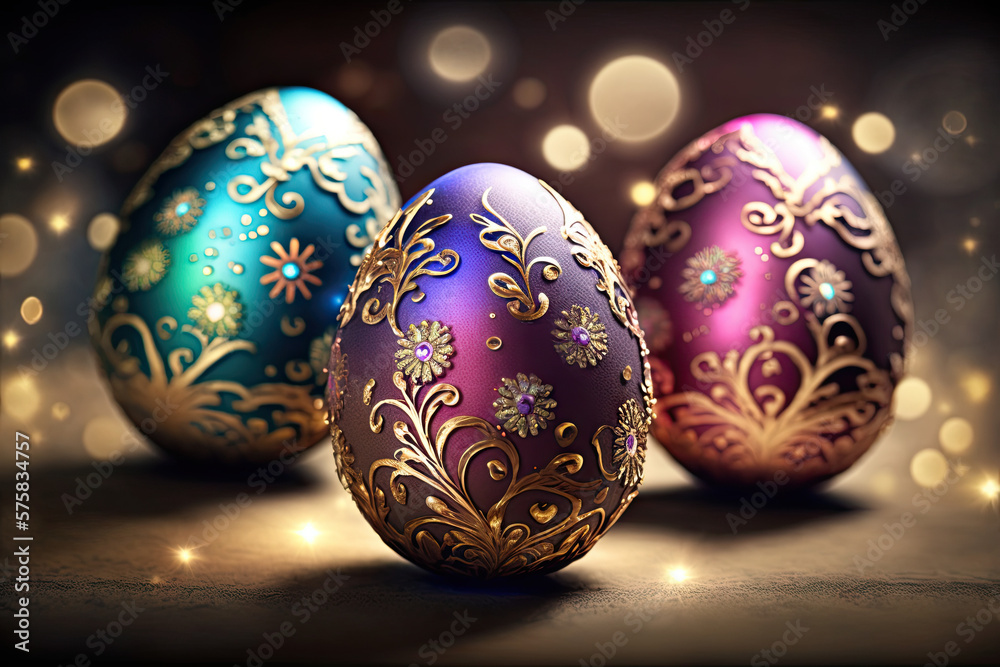 Shiny Easter eggs on a blurred bokeh background Shiny Easter eggs on a blurred bokeh background