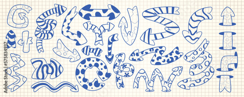 Doodle set of blue quirky arrows on grid paper background. Vector illustration of spiral, round, twisted pointers with abstract striped, dotted, flower, spotted patterns. Sketch on notebook page © klyaksun