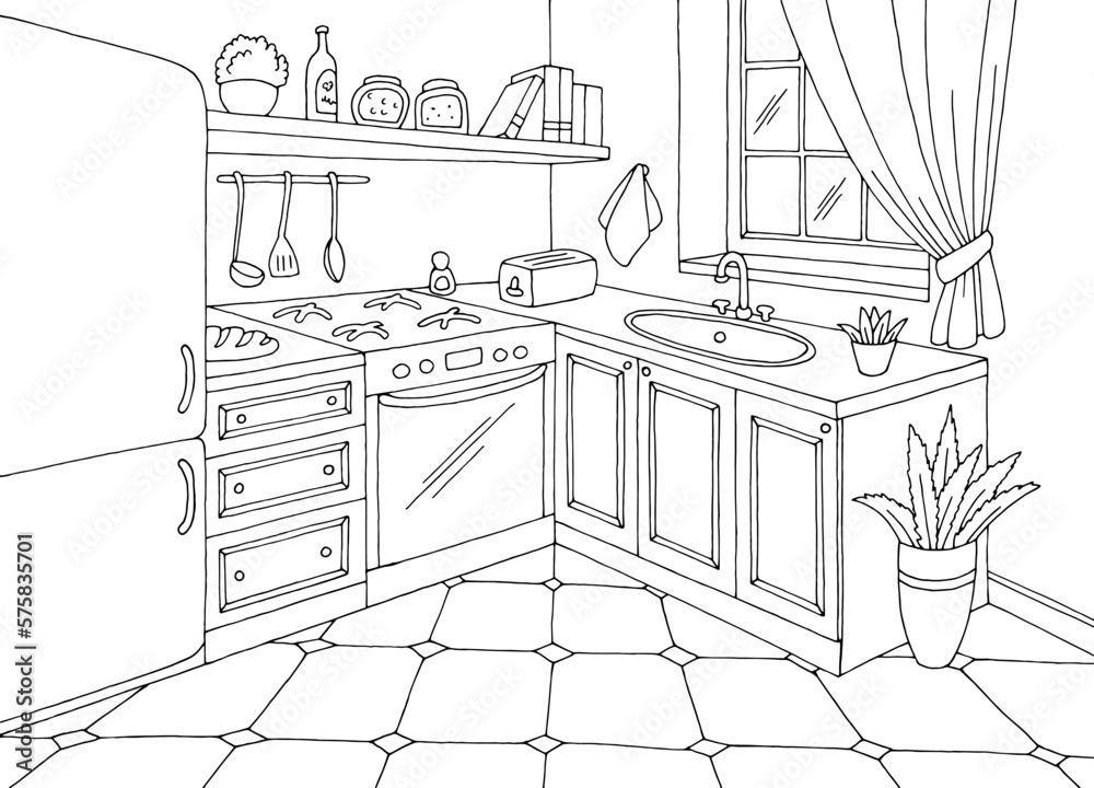Fototapeta premium Kitchen room graphic black white home interior sketch illustration vector 